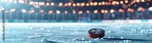 Vibrant ice hockey puck in motion on icy surface with arena lights, sharp focus