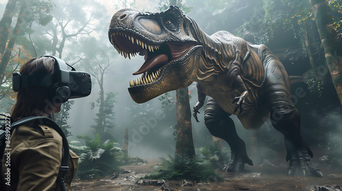 A woman is looking at a dinosaur in a virtual reality game