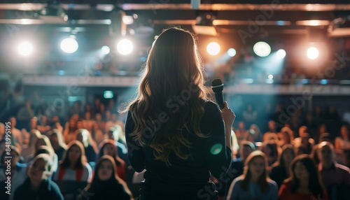 A charismatic young beautiful woman speaker delivering an inspiring speech on stage holding microphone , with an enthusiastic audience in a modern conference hall. 