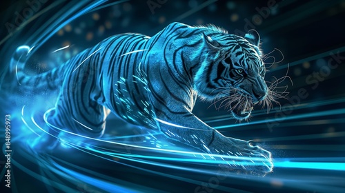 A dynamic, neon-blue tiger is depicted in mid-stride, surrounded by glowing light trails against a dark background.