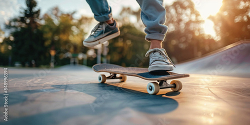 Skater legs practicing skateboarding. Unrecognizable hipster balancing on board. Teenage feet in sneakers of teenager riding skateboard in skatepark. Hobbies of youth young people concept