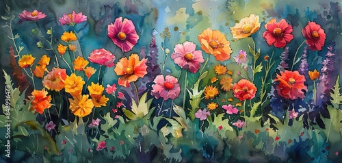 vibrant watercolor painting of a summer garden in full bloom.