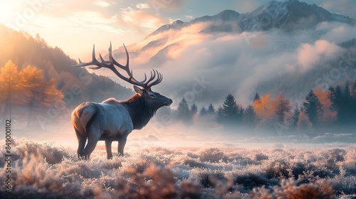 Majestic Elk Stands Tall in Misty Autumn Valley at Dawn