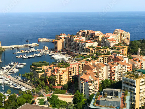Structures and buildings, sea and yachts of Monaco. Summer and tourism, vacation. Background, landscape for design. 