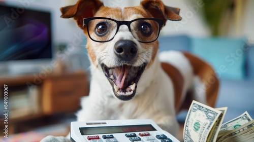 A cute dog wearing glasses stares wide-eyed at a calculator, its mouth agape in surprise as a massive stack of bills floats precariously in mid-air.