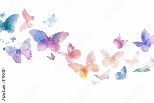 Light colored butterflies flying in a curved line on a white background, concept for card, with copy space for text