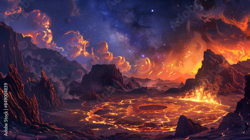 An epic fantasy landscape painting of a crater on a distant planet with a lake of lava and a starry night sky.