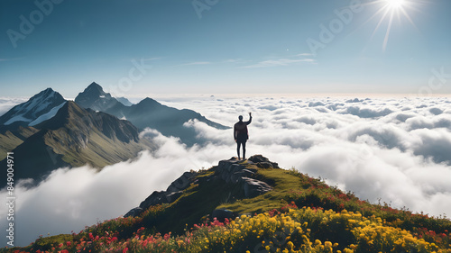  A metaphorical image of a contemplating lonely man in peaceful floral mountain top.Young man thinking about things in life. AI generated image