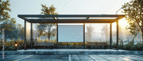 Contemporary city bus stop with blank billboard, sleek bench inside glass shelter