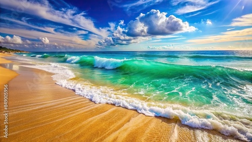 Vibrant turquoise ocean waves gently lapping against golden sandy beach on a sunny day