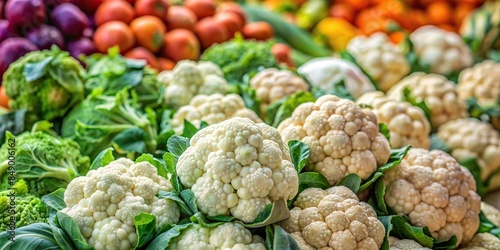 Close-up photo of a pile of fresh cauliflower and other vegetables in a market , cauliflower, vegetables, market, fresh, organic