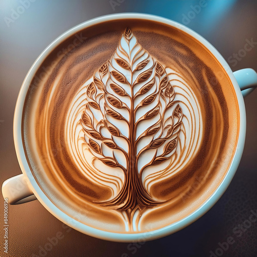 A stunning cinematic photo of a 3D latte art masterpiece, shaped like the Tree of Life.