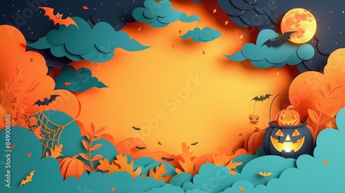Vibrant Halloween-themed paper cut illustration with pumpkins, bats, and spooky scenery under a full moon sky.