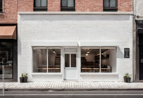 white boutique storefront with large blank ensign