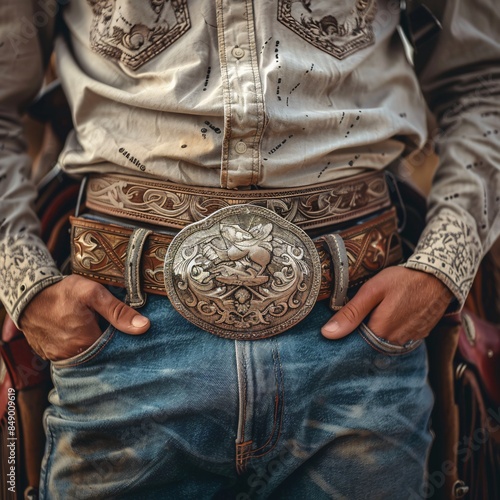 Cowboy Proudly Displaying Championship Rodeo Belt Buckle, Sense of Accomplishment