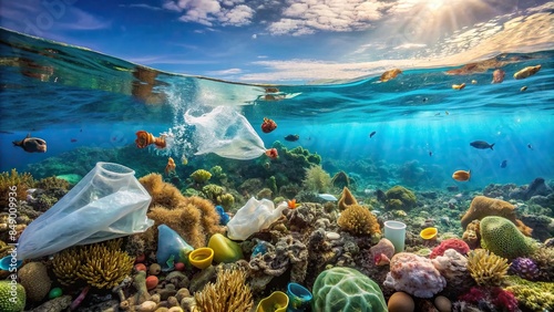 Stock photo of a polluted ocean with plastic trash littering the underwater coral reef