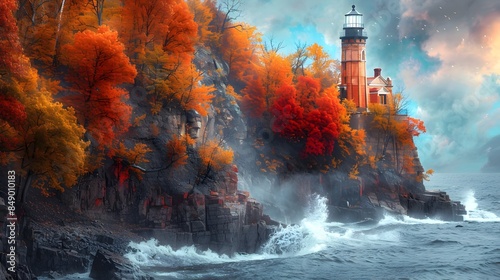 Dramatic Coastal Lighthouse and Autumn Foliage Scenic Landscape