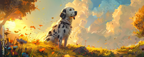 A beautiful Dalmatian dog sits on a clearing in the park and looks into the distance in a vector sittle