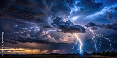 Gloomy stormy night sky with ominous clouds and lightning, dramatic, black, dark, greenish blue, thunderstorm, hurricane, wind