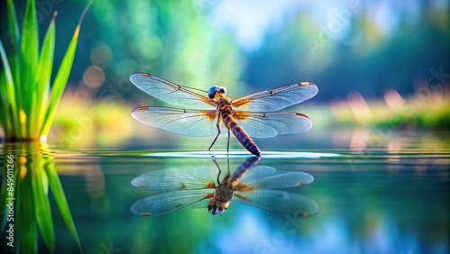 Dragonfly resting on the surface of calm water, dragonfly, water, reflection, nature, insect, wings, blue, peaceful, tranquility