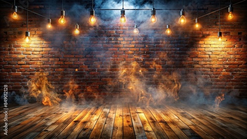 Dark basement room with an empty old brick wall, sparks of fire and light, wooden floor, smoke