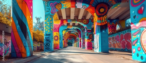 Graffiti art on a bridge, intricate designs and vibrant colors blending with urban architecture, ideal for cityscape visuals