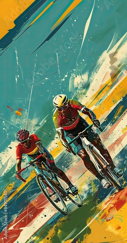 Artistic illustration of two cyclists racing, depicted in a vibrant, abstract style. Tour de France