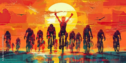 Silhouettes of cyclists racing against a vibrant sunset backdrop. Central figure appears to be the winner, riding with arms raised in victory. Tour de France