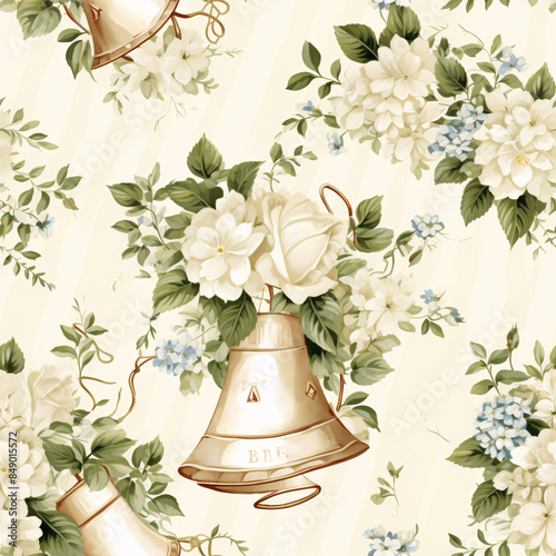 Seamless pattern featuring watercolor roses, white flowers, and leaves, with the Liberty Bell, stars, and stripes, all on a cream background to create a classic American vintage luxury aesthetic