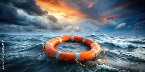 Orange life belt floating in stormy ocean, life belt, safety, rescue, emergency, water, help, assistance, survival, survival gear