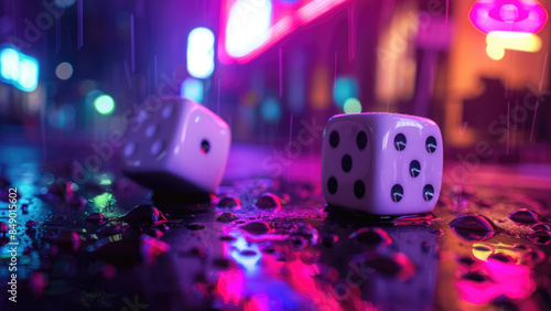 Neon-lit dice on a wet reflective surface 