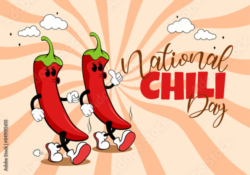 chili pepper day poster, with retro hot red pepper character,vector illustration for chili day 