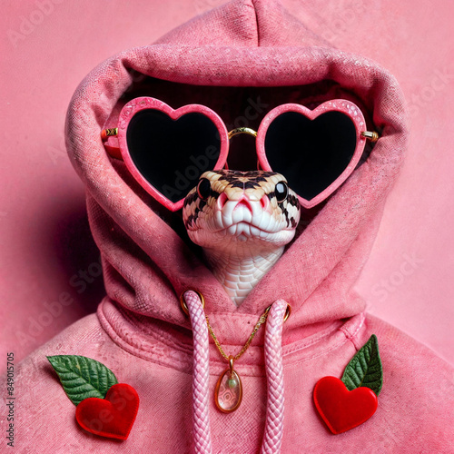 Stylish snake in a trendy hoodie and beanie for Valentine's Day party