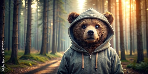 Bear wearing a stylish hoodie in the woods, Bear, cute, animal, wildlife, fashion, hoodie, woods, nature, outdoors, wild, mammal