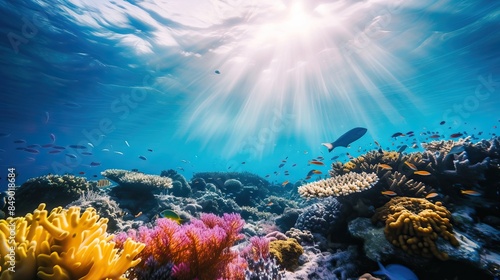 A vibrant underwater scene featuring colorful coral reefs, various species of fish, and sunlight streaming through the water.