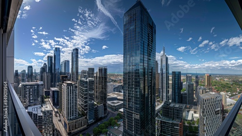 A panoramic shot of a city skyline dominated by towering skyscrapers, captured from a high vantage point.