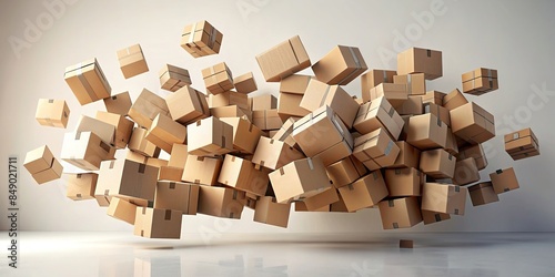 Unic cardboard boxes floating in air, magic, surreal, fantasy, whimsical, packaging, transportation, delivery, flying