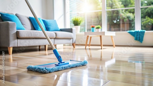 Clean modern living room floor being washed with blue mop, clean, modern, living room, floor, washed, blue, mop, housework