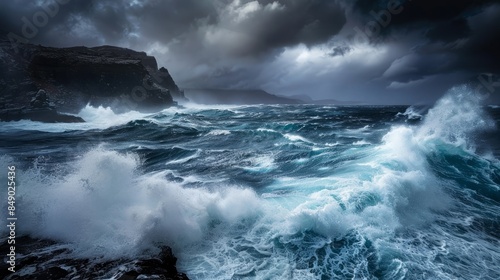 raw power of the Southern Ocean as it crashes against the rocky shores of the Kerguelen Islands during a storm. The photograph freezes a moment of chaos and drama, with towering waves surging towards 