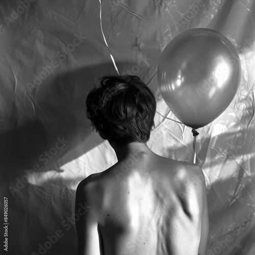 A helium balloon tracing the contours of a bare back, light and shadows play across the skin, creating an interplay of shapes and forms