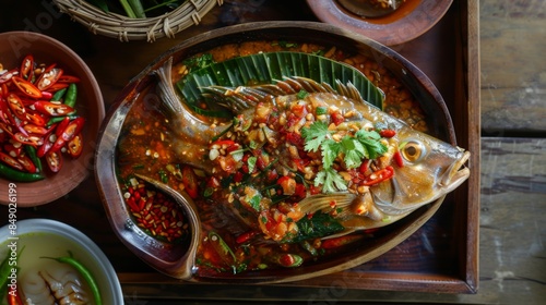 A Thai fish-shaped sauce dish filled with spicy chili dipping sauce, a common condiment in Thai cuisine.