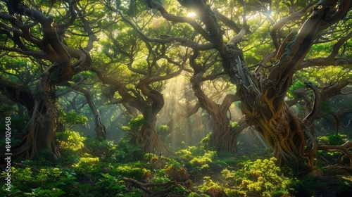 forest of Frankincense Trees (Boswellia sacra) on Socotra Island. The photograph captures the dense canopy of green foliage, with sunlight filtering through the branches and dappling the forest floor 
