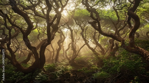 forest of Frankincense Trees (Boswellia sacra) on Socotra Island. The photograph captures the dense canopy of green foliage, with sunlight filtering through the branches and dappling the forest floor 