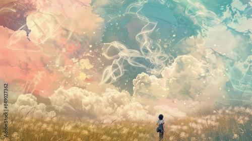 girl frolicking in a field of tall grass, surrounded by swirling clouds of milk, digital collage blends elements of fantasy and reality. The whimsical scene evokes a sense of wonder and nostalgia