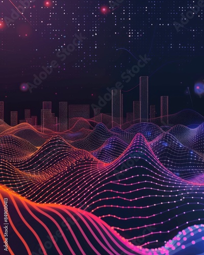Abstract Cityscape with Digital Wave Patterns
