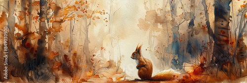 Squirrel sitting on the ground. Watercolor painting. Colorful autumn forest. Autumn banner.