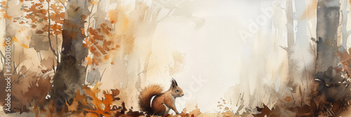 Squirrel sitting on the ground. Watercolor painting. Colorful autumn forest. Autumn banner.