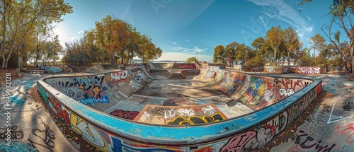 Panoramic view of a graffiticovered skatepark, vibrant street art blending with urban sports culture, ideal for creative projects