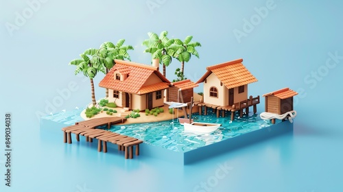 This is a 3D rendering of a tropical island. There are two houses on the island, both with thatched roofs.