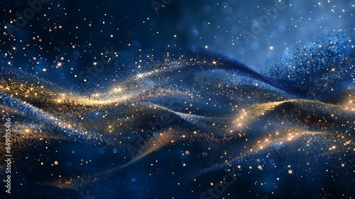 Gold glitter starburst on a dark blue background with a golden wave on an indigo backdrop, creating a galactic fantasy illustration perfect for copy space text, web, and mobile designs. 